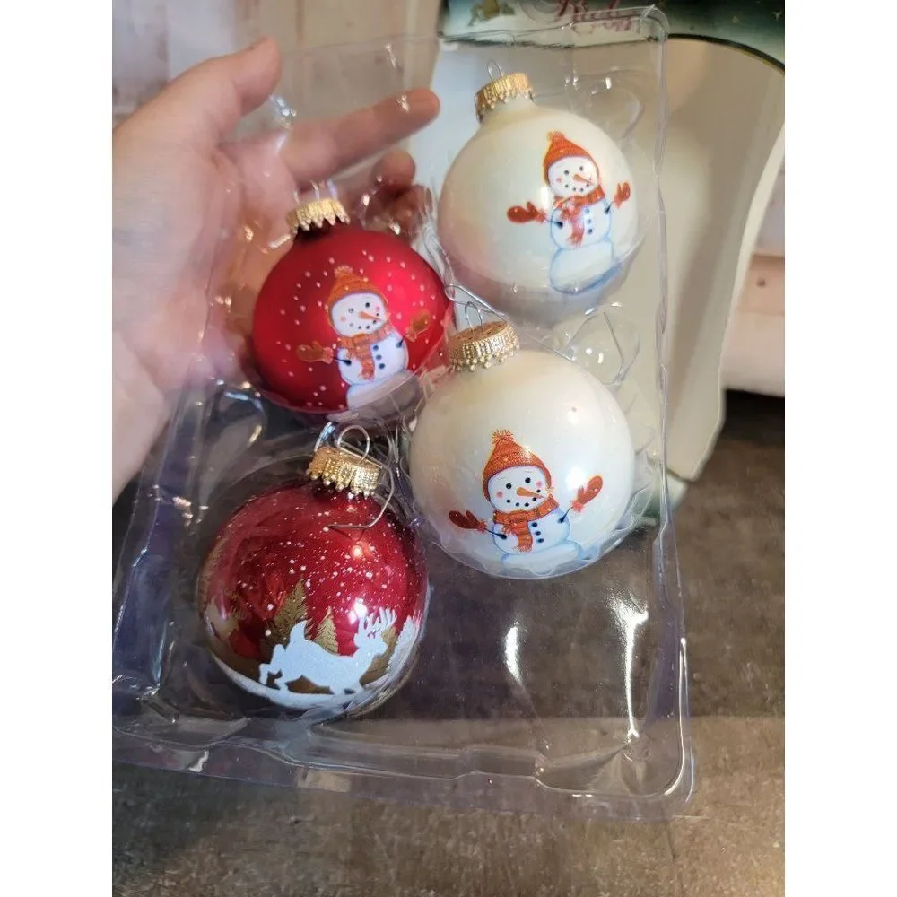 Krebs snowman red white snow blown‎ glass ball ornament Xmas decor set